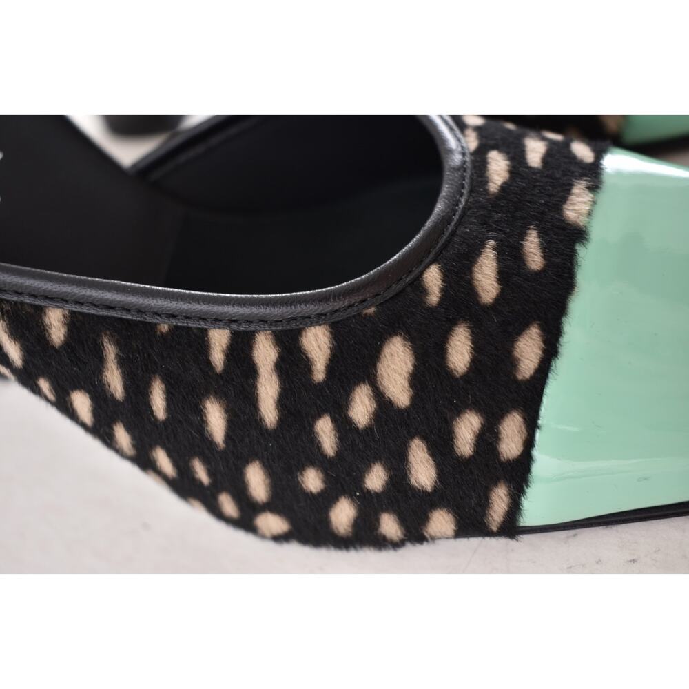 Chanel 26S Blazy Black White Pony Fur Green Square Toe Block Heel Pump Mule 38 - Picture 9 of 16